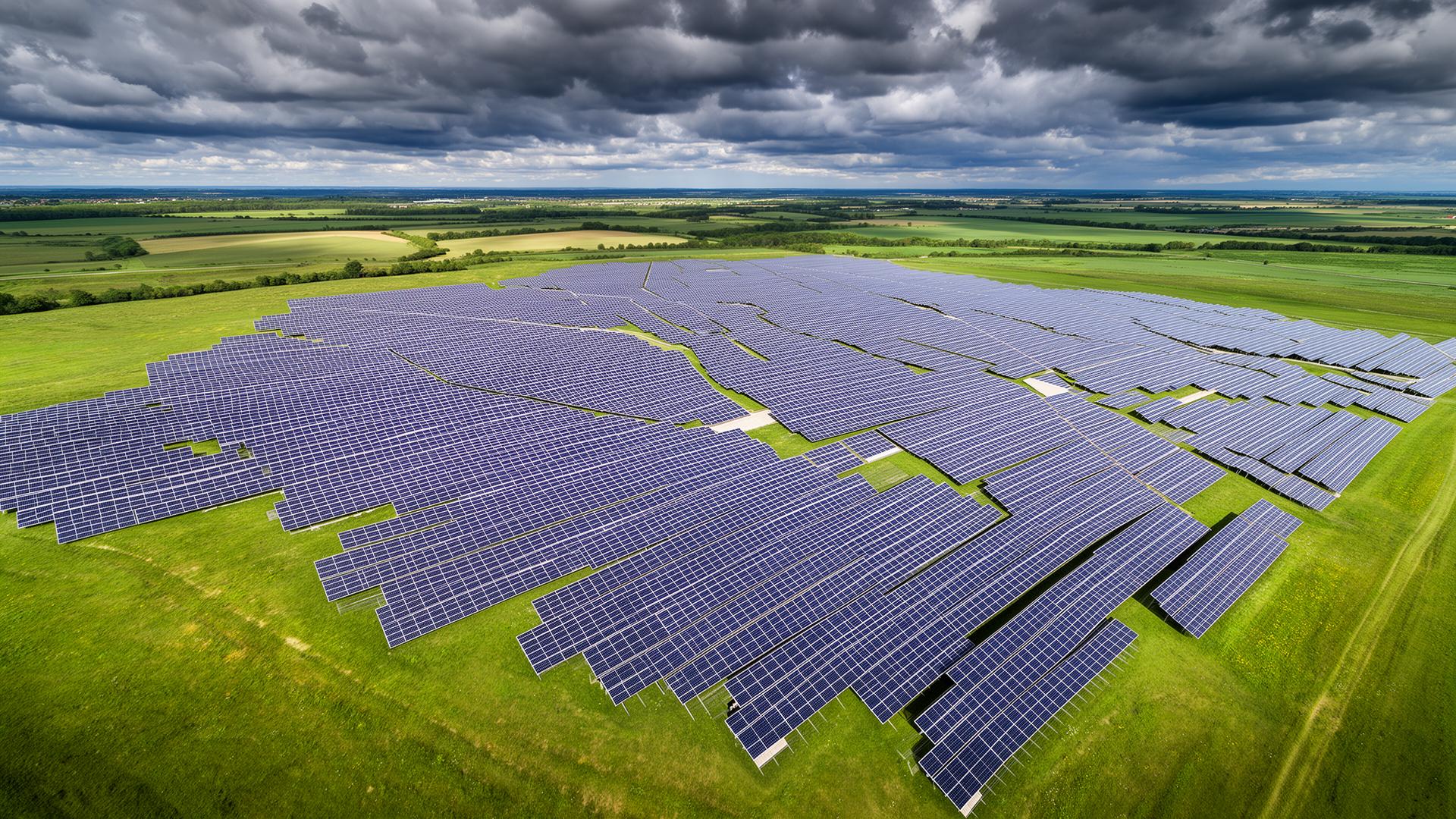 Solar farm in green meadow